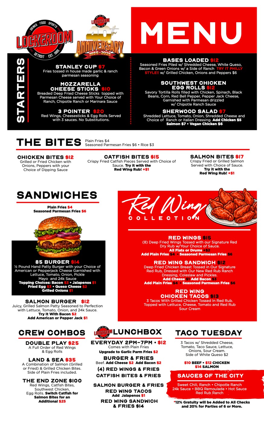 LOCKEROOM menu, page 2: starters, bites, sandwiches, Red Wing collection, combos, lunchbox and Taco Tuesday